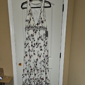 Max Studio Cream Floral Maxi Dress with Blue and Brown Accents